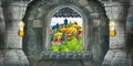 Cartoon scene of medieval castle interior with window with view on some other castle Royalty Free Stock Photo