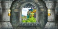 Cartoon scene of medieval castle interior with window with view on some other castle Royalty Free Stock Photo