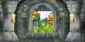 Cartoon scene of medieval castle interior with window with view on some other castle Royalty Free Stock Photo