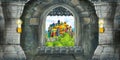 Cartoon scene of medieval castle interior with window with view on some other castle Royalty Free Stock Photo