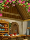 Cartoon scene with medieval kitchen room with roses - interior for different usage