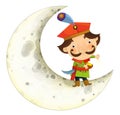 cartoon scene with medieval man like nobleman prince or merchant living on the moon isolated illustration for children