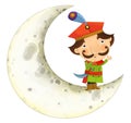 cartoon scene with medieval man like nobleman prince or merchant living on the moon isolated illustration for children