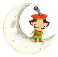 cartoon scene with medieval man like nobleman prince or merchant living on the moon isolated illustration for children