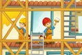 Cartoon scene with men working doing industrial jobs