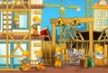 Cartoon scene with men working doing industrial jobs