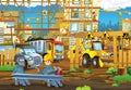 Cartoon scene with men working doing industrial jobs