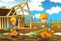 Cartoon scene with men working doing industrial jobs