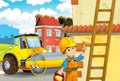 Cartoon scene with men working doing industrial jobs