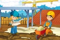 Cartoon scene with men working doing industrial jobs