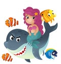 cartoon scene with mermaid princess and shark swimming together having fun with coral reef fishes isolated illustration for kids