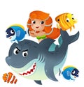 cartoon scene with mermaid princess and shark swimming together having fun with coral reef fishes isolated illustration for kids