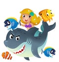 cartoon scene with mermaid princess and shark swimming together having fun with coral reef fishes isolated illustration for kids