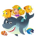 cartoon scene with mermaid princess and shark swimming together having fun with coral reef fishes isolated illustration for kids