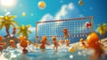 Cartoon scene of a mini volleyball game on Lilliputian Beach with the players hilariously struggling to reach the ball