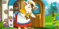 Cartoon scene of mother goat in front of village house Royalty Free Stock Photo