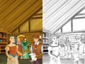 Cartoon scene - mother and two sisters talking to some nobleman in the room of an old traditional house - beautiful manga girls