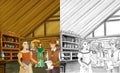 Cartoon scene - mother and two sisters talking to some nobleman in the room of an old traditional house - beautiful manga girls