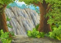 Cartoon scene with mountains valley near the forest