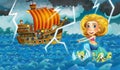 Cartoon Scene With Old Ship Sailing During Storm With Mermaid Watching - Illustration