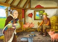 Cartoon scene with old woman witch or sorceree and farmer in barn or pigsty