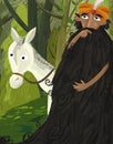 Cartoon scene with older wise man and horse