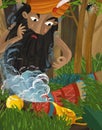 Cartoon scene with older wise man jinn in the forest