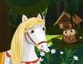 Cartoon scene with owl bird horse in the forest