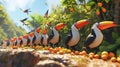 Cartoon scene A parade of colorful toucans marching down the canyon walls dropping a trail of citrus fruits behind them