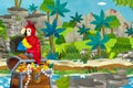 Cartoon scene with pirate and treasure and parrot in the jungle - illustration Royalty Free Stock Photo