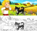 Cartoon scene - peasant and a cat on the meadow having fun - with coloring page