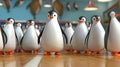 Cartoon scene The penguins have a moment of panic when they realize they accidentally set up their bowling game in the