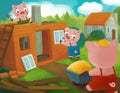 cartoon scene with pig farmer working on the ranch farm idyllic illustraton for children