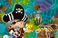 Cartoon scene with pirate in the jungle holding royal crown with treasure