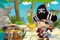 Cartoon scene with pirate in the jungle holding royal crown with treasure