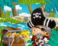 Cartoon scene with pirate in the jungle holding royal crown with treasure