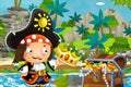 Cartoon scene with pirate in the jungle holding royal crown with treasure - illustration Royalty Free Stock Photo