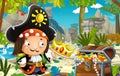 Cartoon scene with pirate in the jungle holding royal crown with treasure - illustration Royalty Free Stock Photo