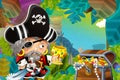 Cartoon scene with pirate in the jungle holding royal crown with treasure