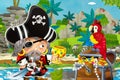 Cartoon scene with pirate in the jungle holding royal crown with treasure Royalty Free Stock Photo