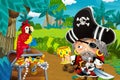 Cartoon scene with pirate in the jungle holding royal crown with treasure