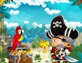 Cartoon scene with pirate in the jungle holding royal crown with treasure