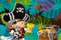 Cartoon scene with pirate in the jungle holding royal crown with treasure