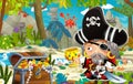 Cartoon scene with pirate in the jungle holding royal crown with treasure