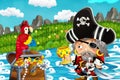 Cartoon scene with pirate in the jungle holding royal crown with treasure