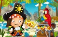 Cartoon scene with pirate in the jungle holding royal crown with treasure - illustration Royalty Free Stock Photo