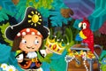 Cartoon scene with pirate in the jungle holding royal crown with treasure - illustration Royalty Free Stock Photo