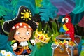 Cartoon scene with pirate in the jungle holding royal crown with treasure - illustration Royalty Free Stock Photo