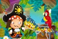 Cartoon scene with pirate in the jungle holding royal crown with treasure - illustration Royalty Free Stock Photo