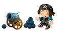 Cartoon scene with pirate man and old cannon on whtie background Royalty Free Stock Photo